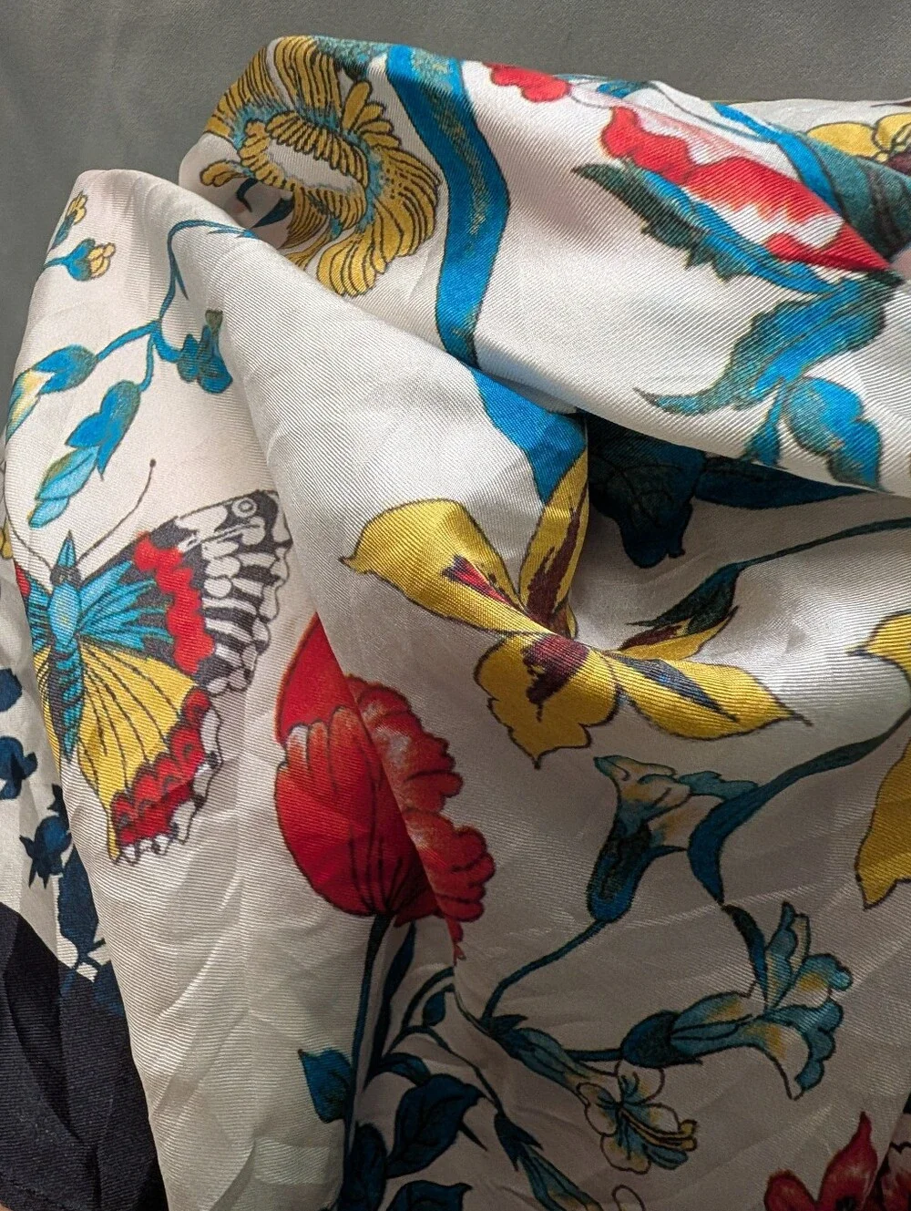 Johnny Was Floral Silk Scarf in Navy, White & Red